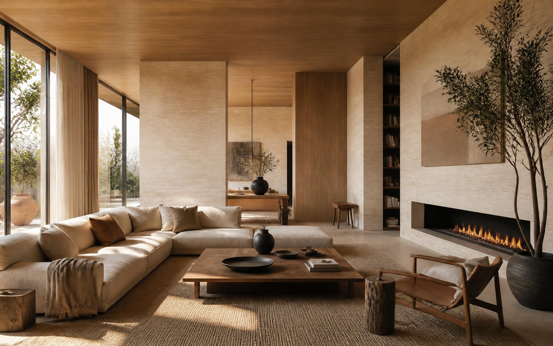 Warm modern living room with travertine stone walls and oak ceiling