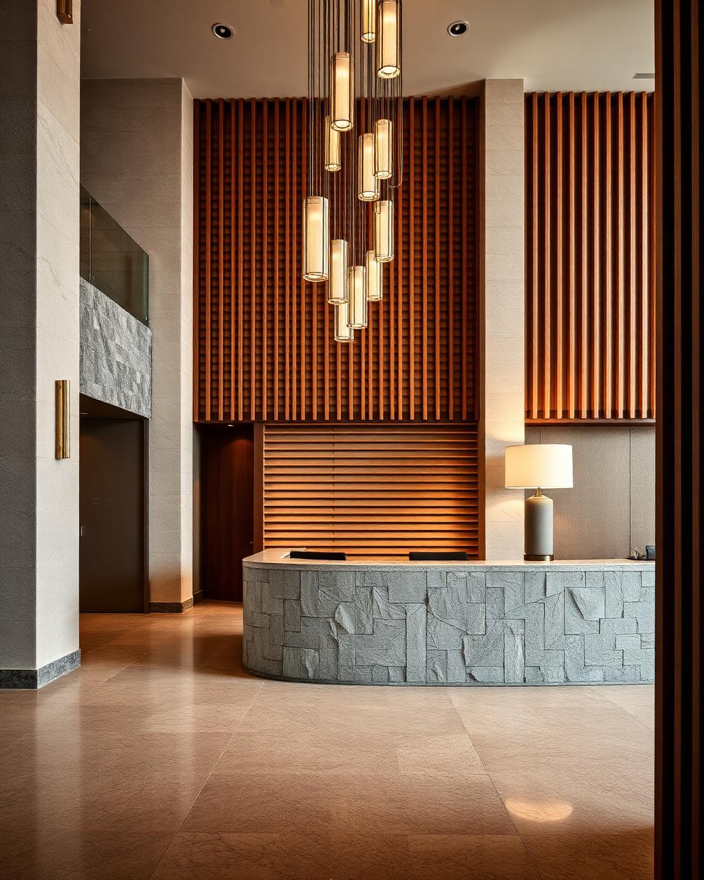 Boutique hotel lobby with stone reception desk